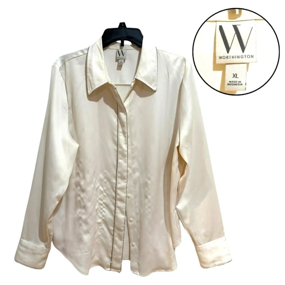 White Satin Button Up Blouse XL Minimalist Office Chic Top